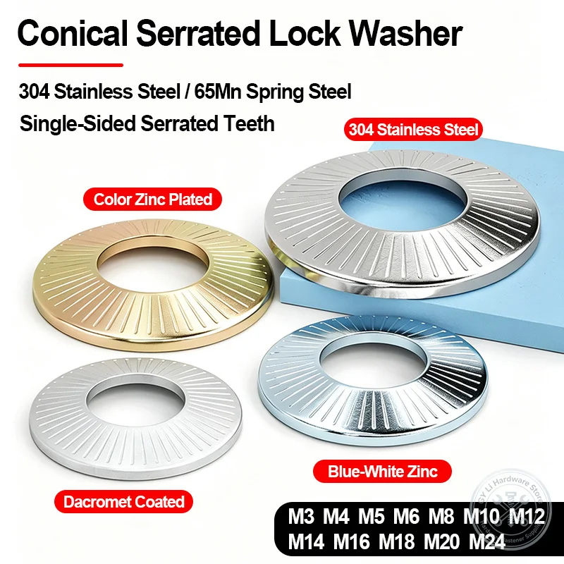 Conical Serrated Shakeproof Lock Washer 65Mn Spring Steel 304 Stainless Steel Anti‑Vibration Gasket Hardware Fastener M3‑M24