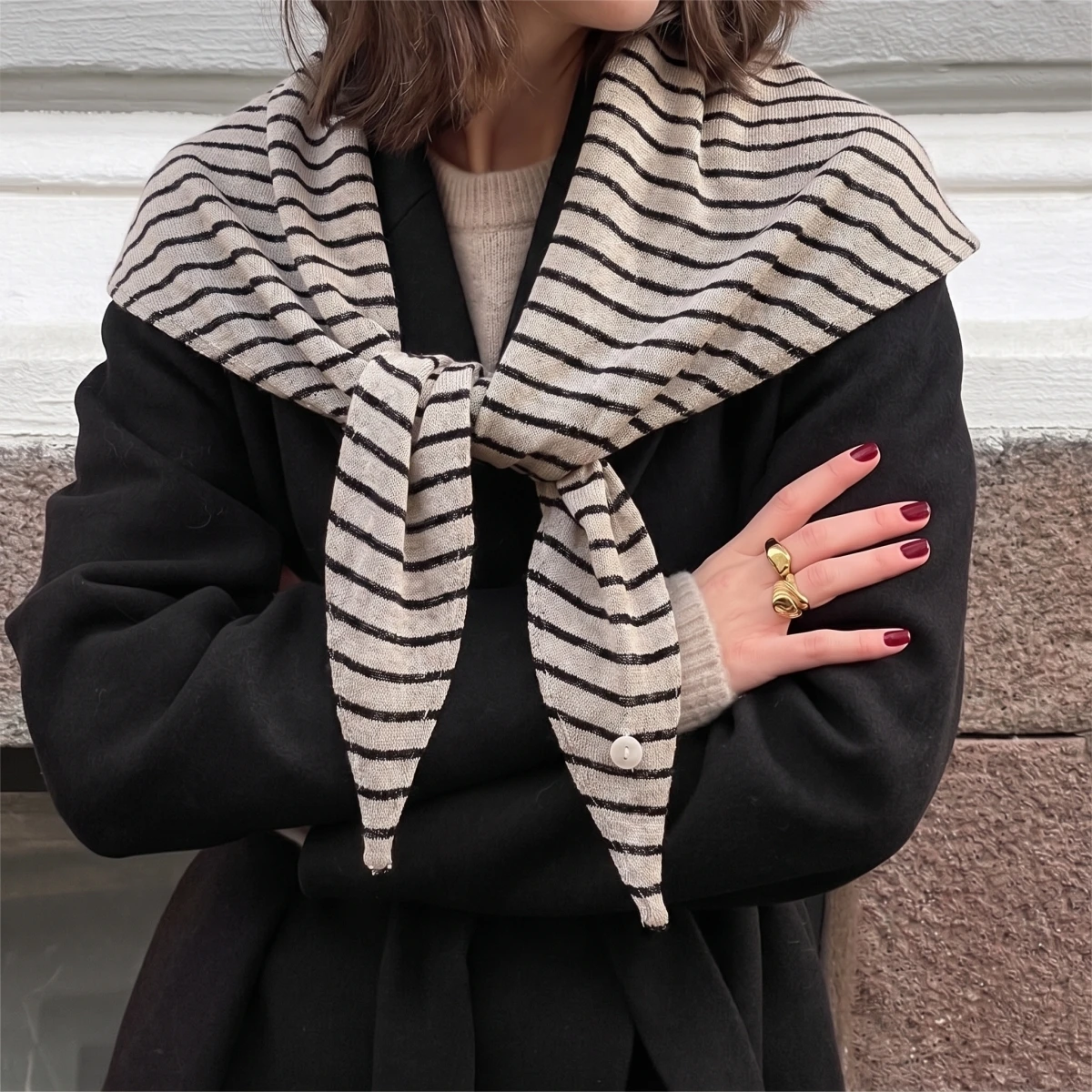 Women Striped Knit Triangular Scarf Lightweight Thin Shoulder Wrap Autumn Fashion Scarves for Shirt Dress Daily Matching Gift