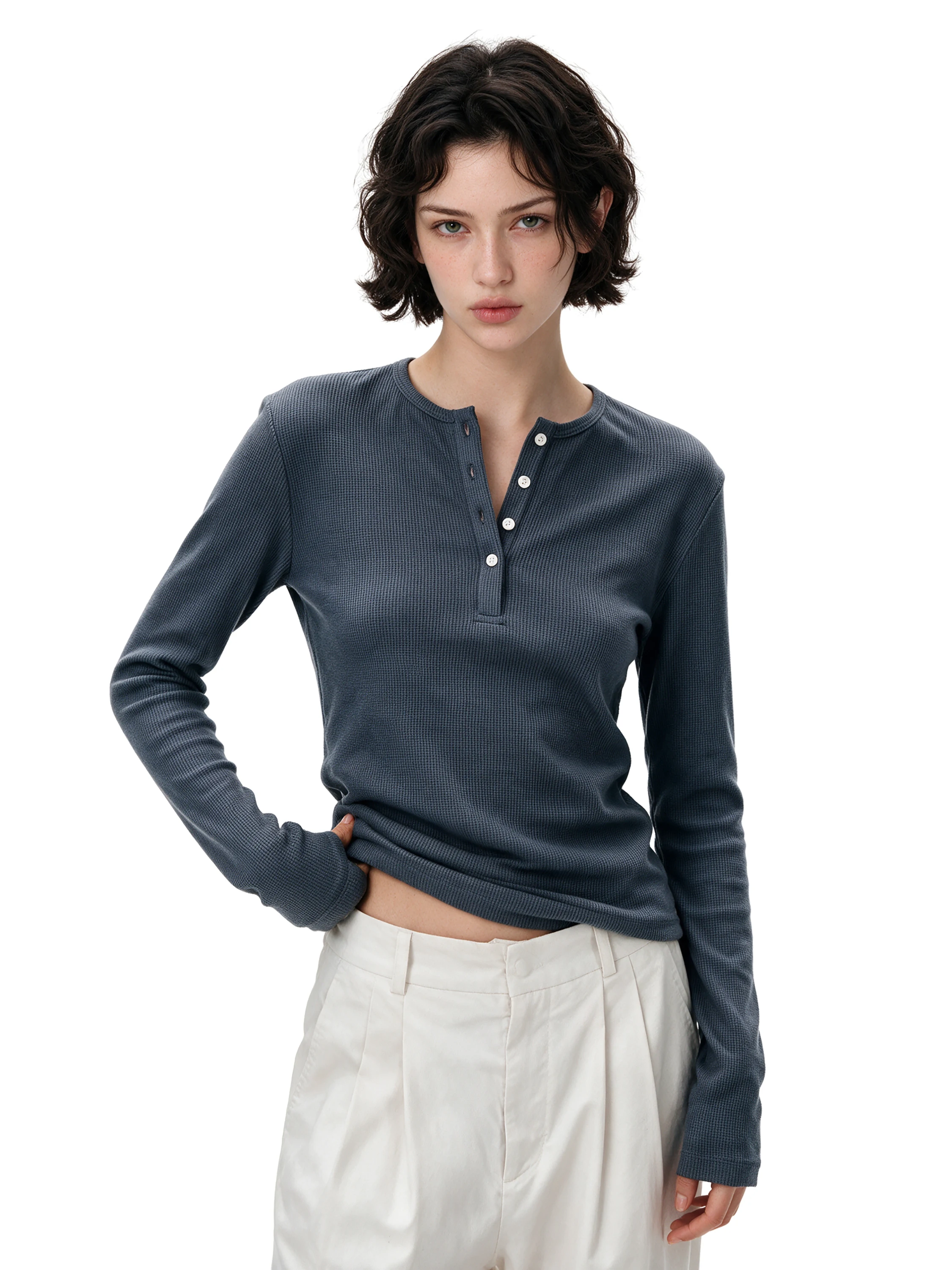 Gogo Burn Women's Long Sleeve T-Shirt Henry Collar Base Shirt Casual Inner Wear Commute Short Style V-Neck Autumn Fit Top