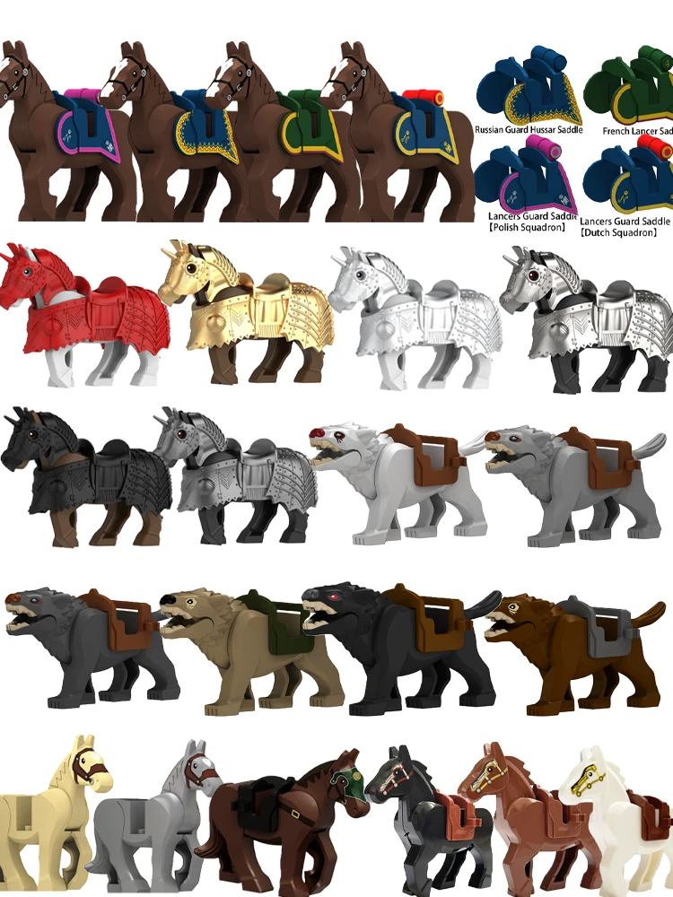 Blocs de construction de la série militaire napoléonienne médiévale, figurines de soldats de chevalier polonais russe, selle de cavalerie, briques de cheval de guerre, jouet pour garçon