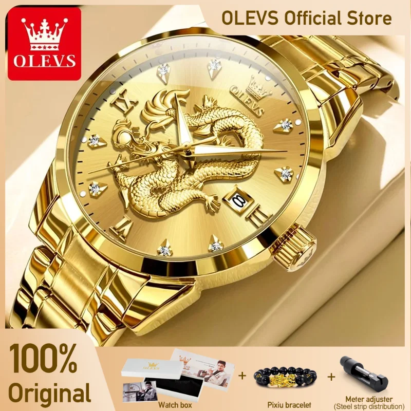 OLEVS Men\'s Watches Top Brand Fashion Original Quartz Watch for Man China Loong Dragon Dial Waterproof Luminous Date Olevs 3619