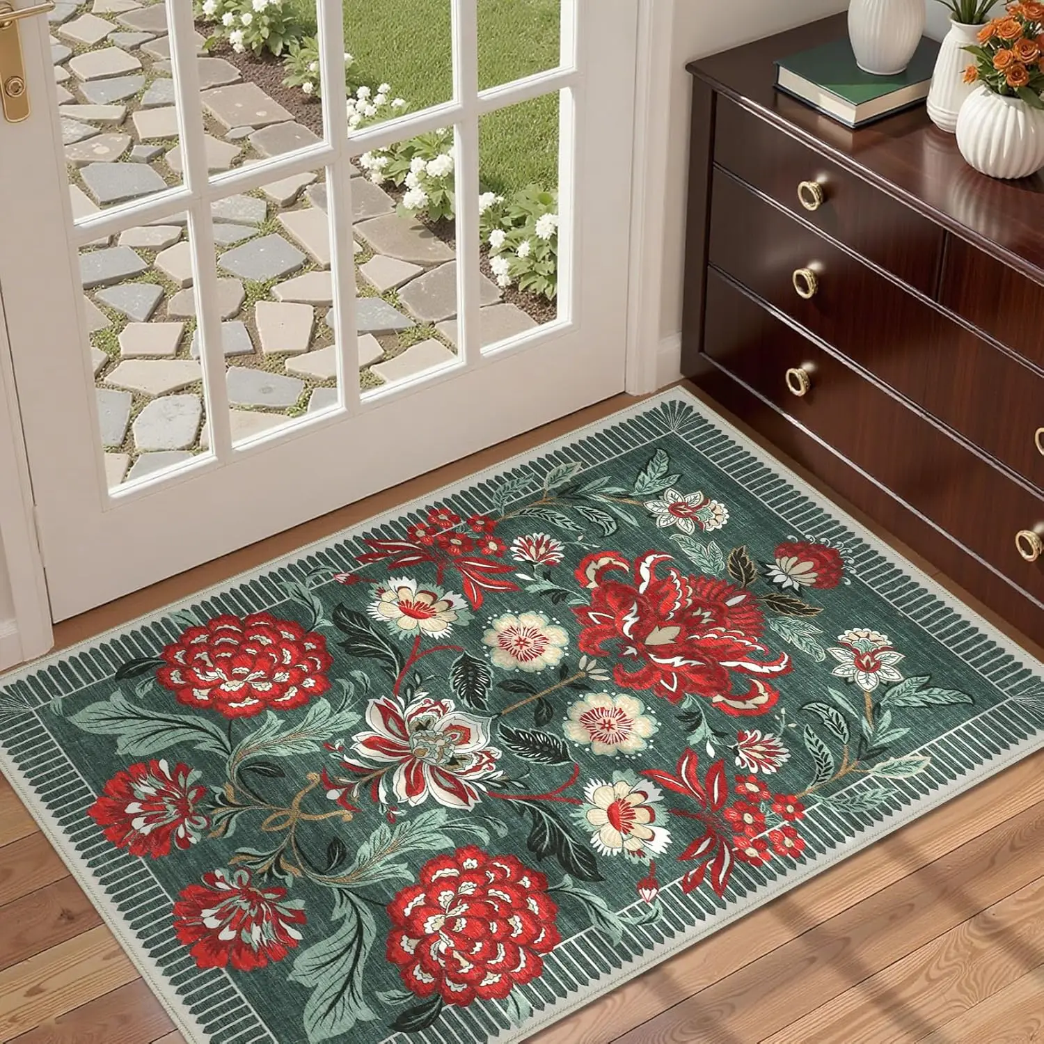 Flower Patterned Carpet Multi-color Background Anti Slip Carpet Home Decoration Indoor Decoration Flower Printed Door Mat