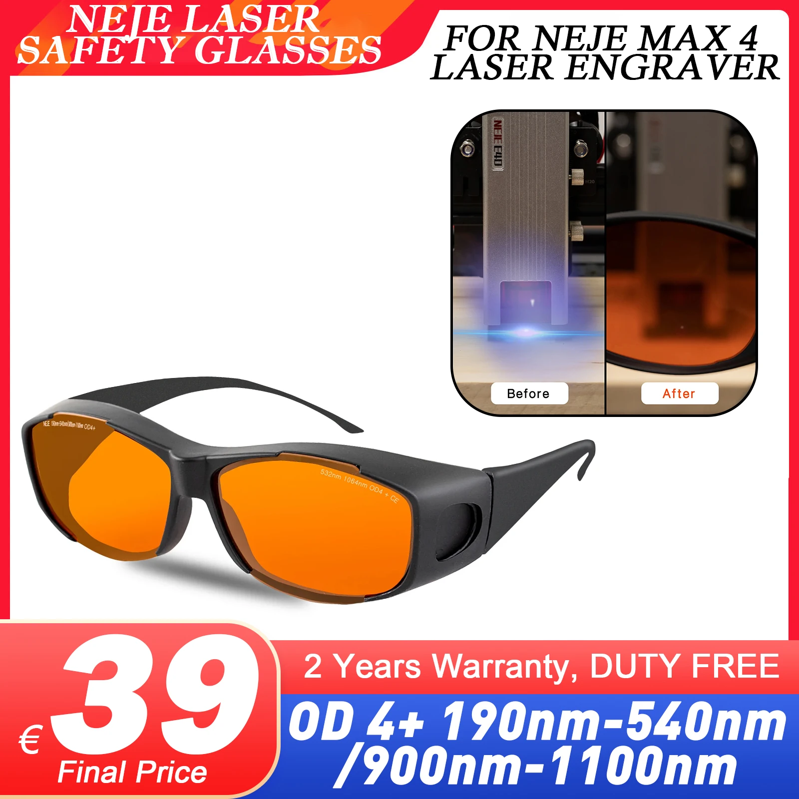 NEJE Blue Laser Safety Glasses OD 4+ 190nm-540nm/900nm-1100nm ABS Frame Polycarbonate Glass for Laser Engraving Machine Cutter