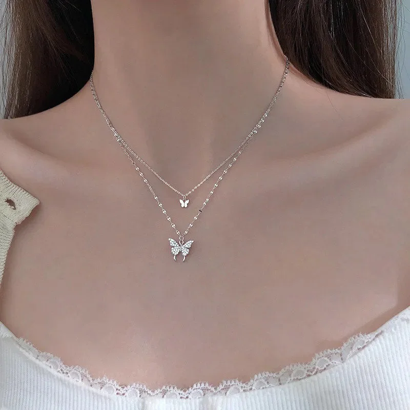 Simple Butterfly Double Layer Choker Necklace For Women Shiny Crystal Butterfly Pendants Clavicle Chain Elegant Wedding Jewelry