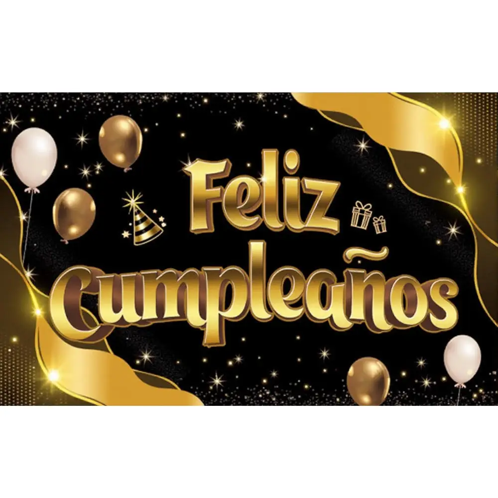 Feliz cumpleaños Spanish Birthday Background Black Gold Balloons Birthday Party Scene Decoration Banner Adult Photo Backdrops