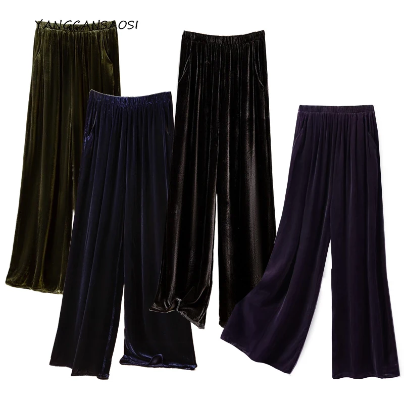 

2025 Women's Fashion Autumn New 30% Natural Mulberry Silk Velvet Retro Versatile Pocket Design Solid Color Straight Leg Pants