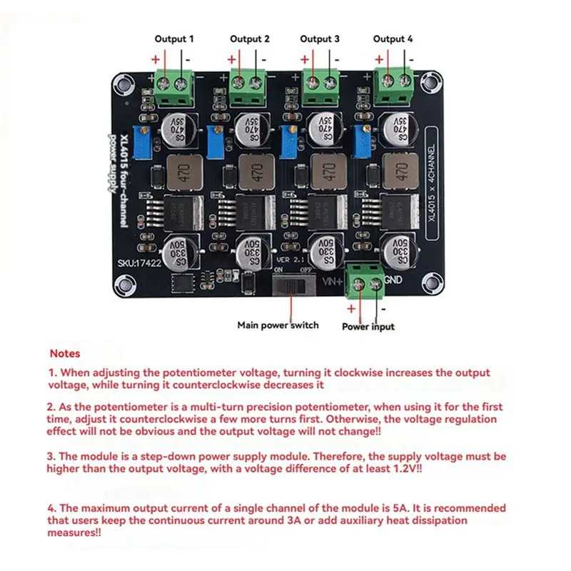 ABRU-2X XL4015 4-Channel Adjustable Step-Down Power Supply Module DC-DC Converter DC5-32V To DC0.8-30V 5A Max