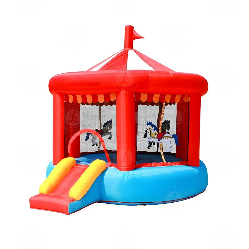 Children's Inflatable Jumping House Multicolor Carousel Theme Inflatable Bouncy Castle with Slide and Protective Mesh