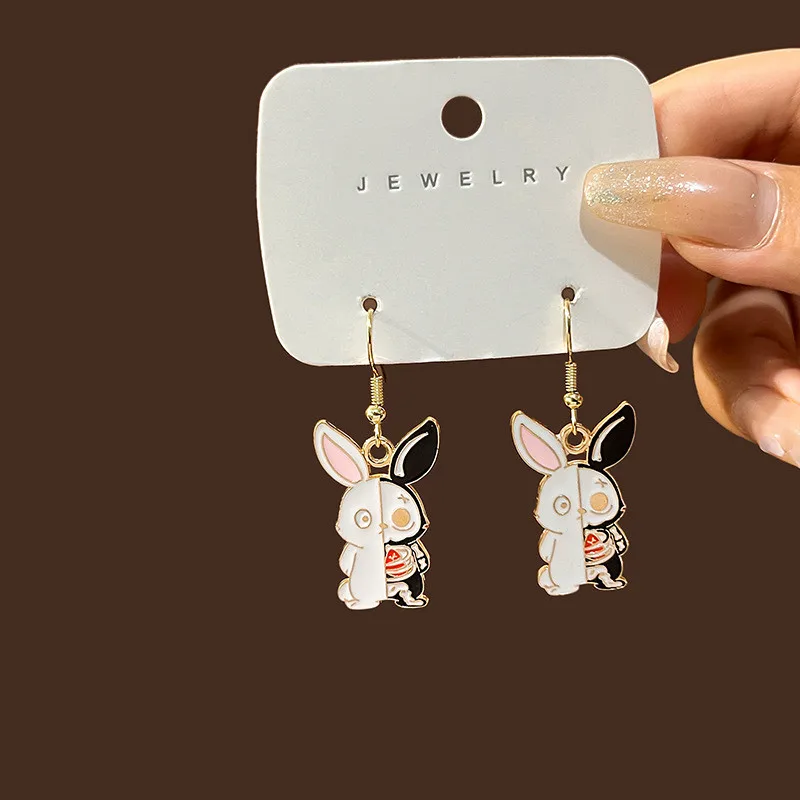 Funny Half Skull Rabbit Baw Cat Earrings Cute Cartoon Animal Enamel Dangle Ear Jewelry Halloween Party Gifts For Women Girls