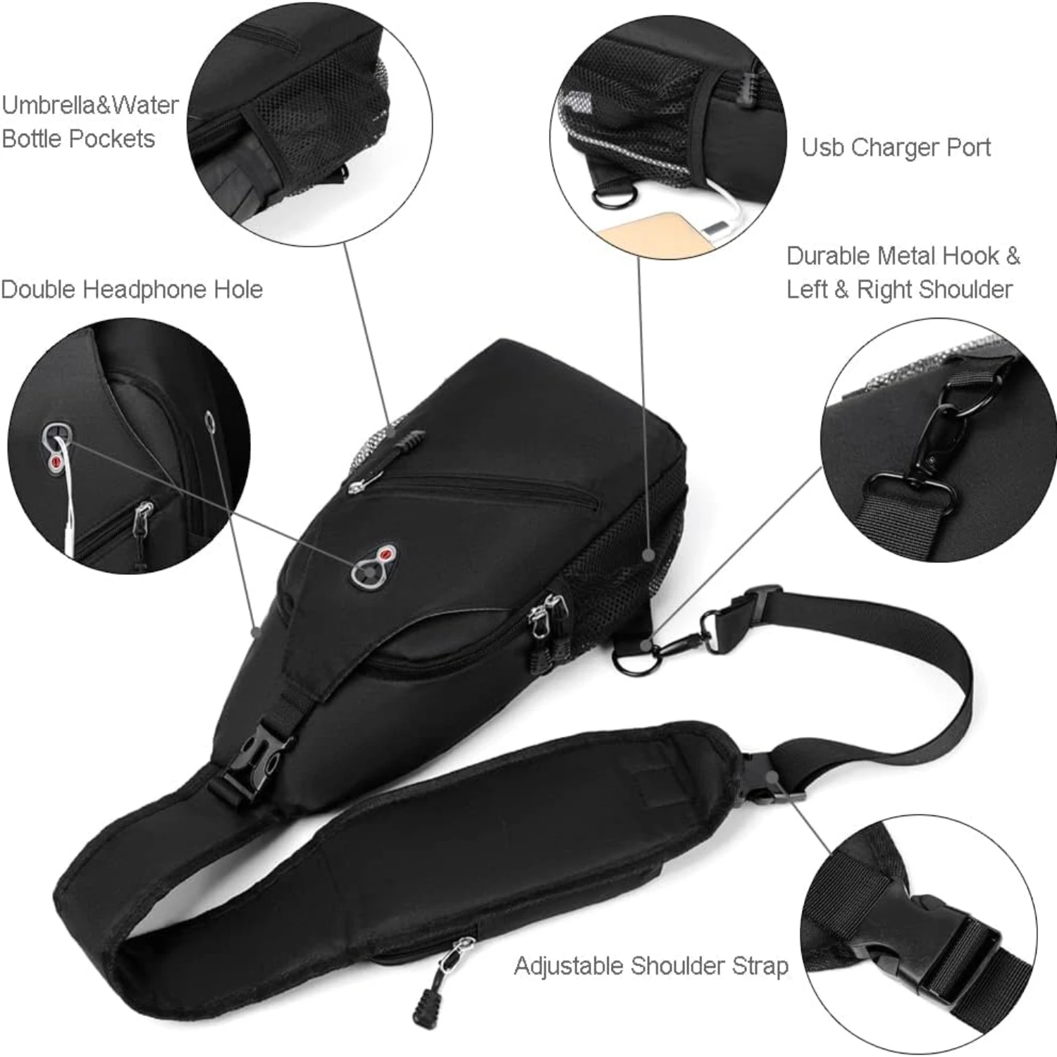 Waterproof Crossbody Sling Bag Chest Shoulder Daypack with USB Charger Port for Men Women - Ideal for Hiking, Walking, Travel