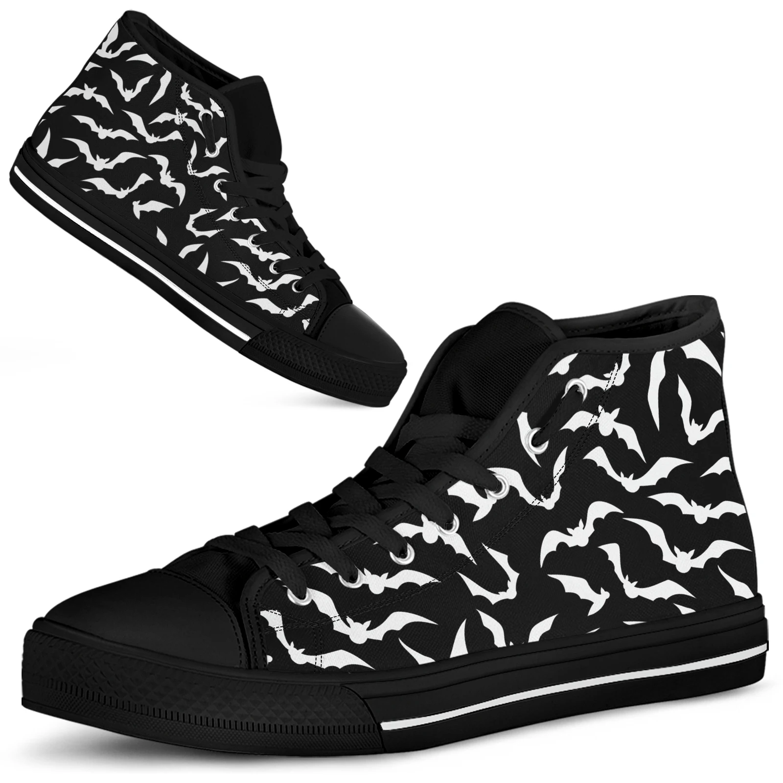 ELVISWORDS Cartoon Bat Halloween Bat Black Lace Up Women's Shoes Halloween Gift Shoes Comfortable Lace Up Canvas Shoes Teens