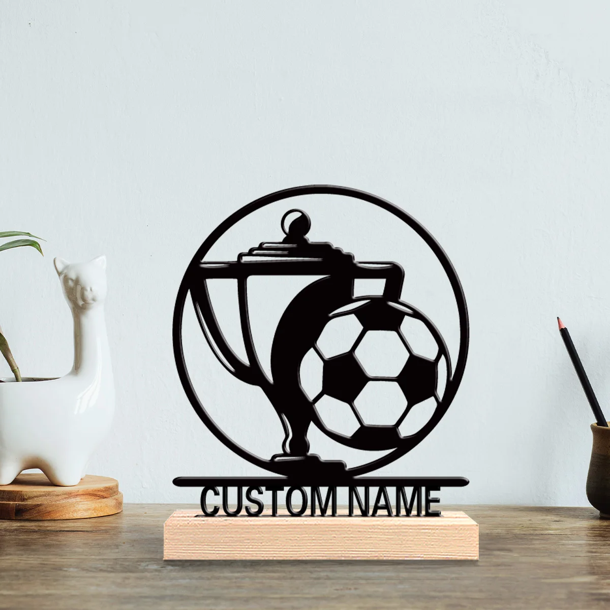 1pc Simple Soccer trophy Customized Letter Tin Statue Art Figurine With Wood Base Metal Sculpture With Wood Base Office Desk