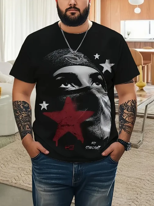 Y2K الرجال S Headshot الشارع تي شيرت قصير الأكمام مادة البوليستر منتظم صالح موسم الصيف الرجال S موضة جولة العنق