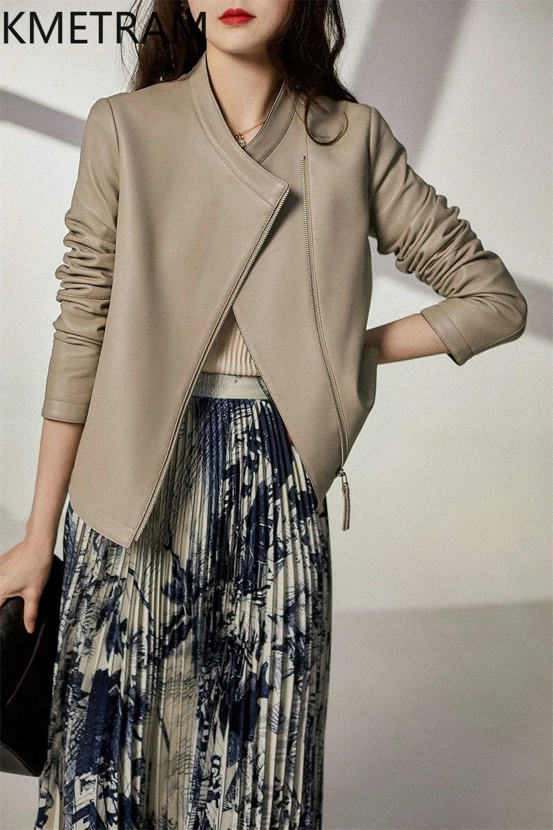 KMETRAM Real Sheepskin Leather Jacket Woman Fashion Stand Collar Slim Coat Short Autumn Jackets 2026 Women Clothes jaqueta couro