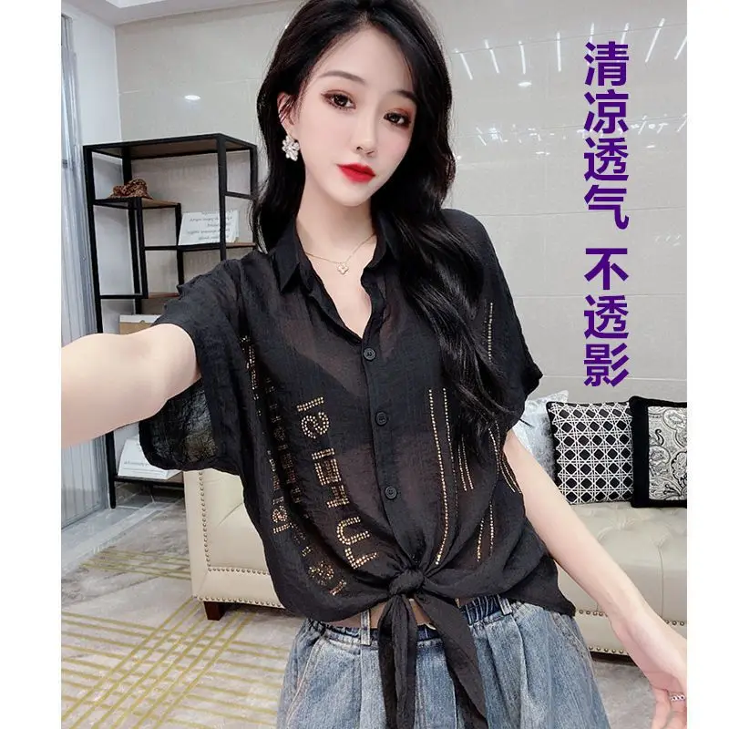 2024 Summer Women\'s New Hot Diamond Shirt Thin Short Sleeve Fashionable Loose Western Style Top Trendy