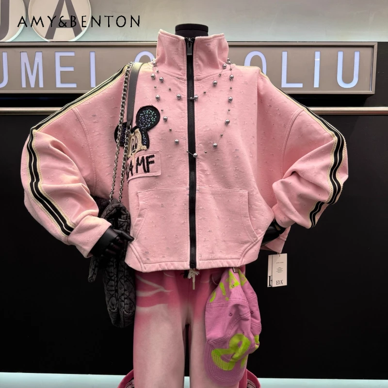 

Unique Design Age-Reducing Jacket Autumn New Heavy Industry Sequin Patch Embroidery Cartoon Fashion Top Ins Style Zipper Coat