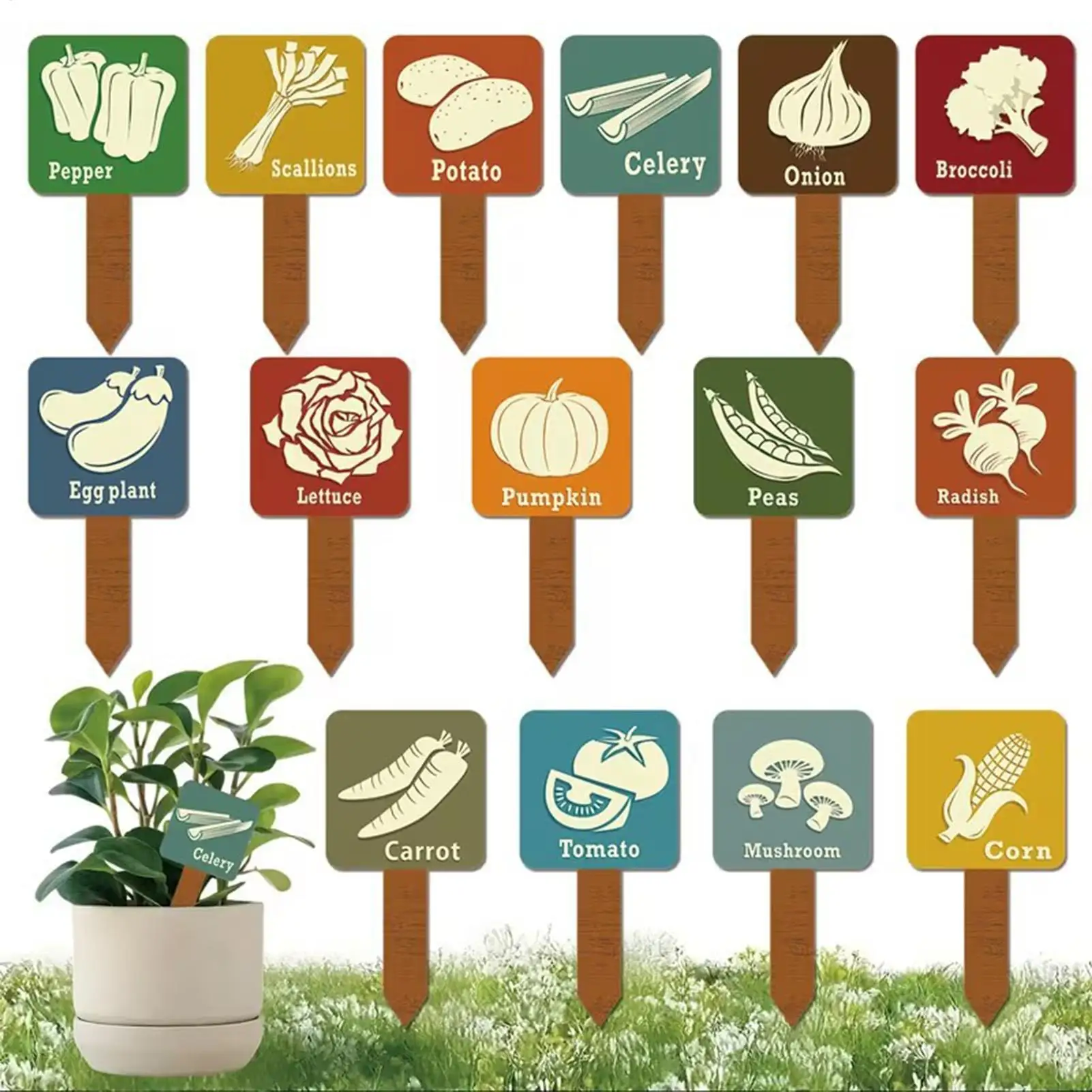 Plant Label Stakes 15Pcs Vegetable Name Tag with Pattern Wood Plant Garden Sign Seed Indoor and Outdoor Potted Plants Stakes
