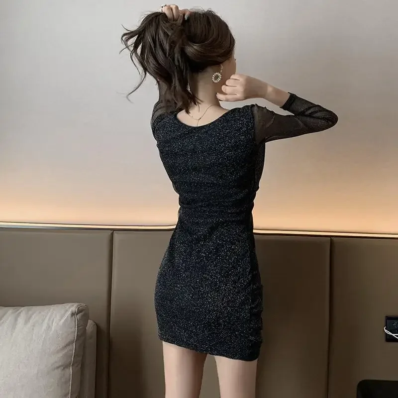 Weibliches Kleid Korsett enge Frauen Langarm Kleider Mesh sinnlich sexy Bodycon elegante Luxus x Retro trend igen koreanischen Stil voll