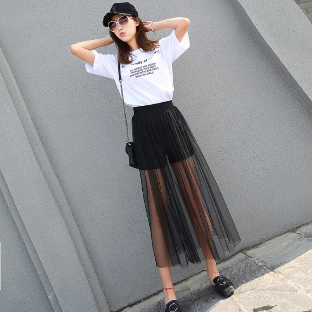 Casual Black Mesh Skirts Single Layer Long See-through Skirts Elastic Waist Transparent Gauze Skirt
