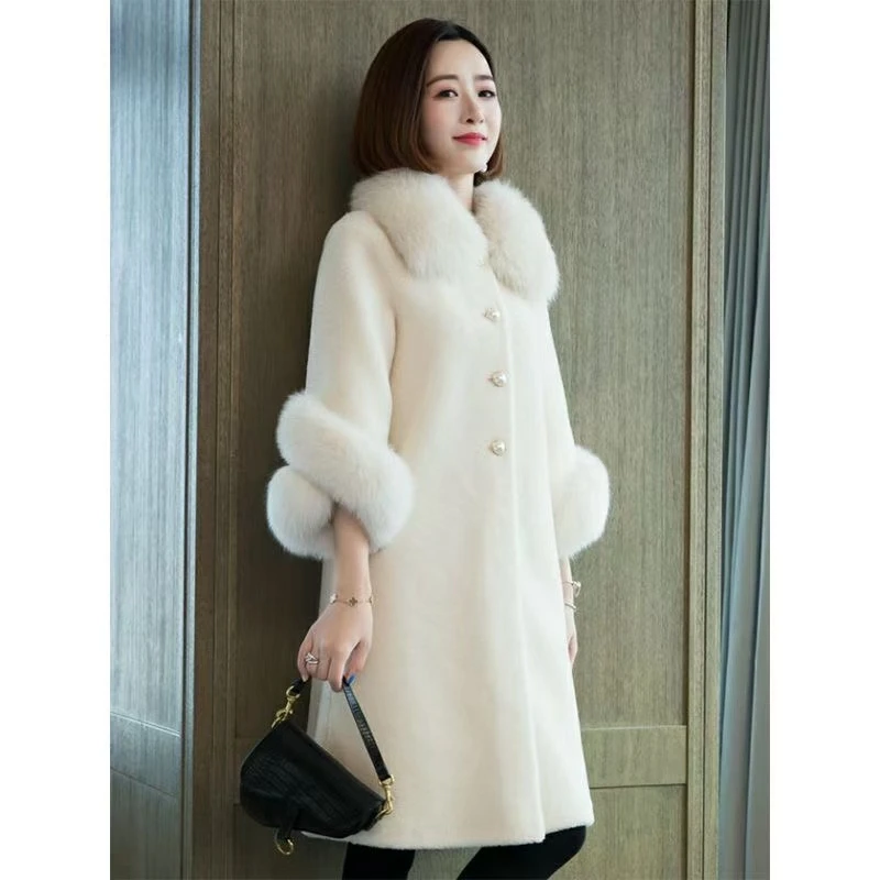 Autumn Winter New Imitation Sheep Shearing Fur Coat Women\'s Mid-length Imitation Fox Fur Collar Loose Granular Fur Imitation Fur