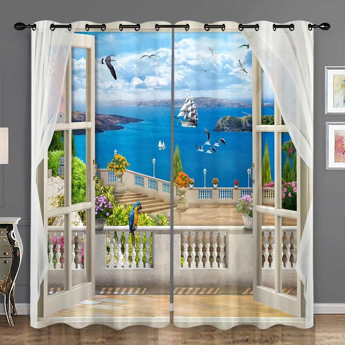 

2pcs Sea Balcony Architectural Landscape Semi-shading Print Curtain For Living Room Bedroom Bathroom Home Decoration Grommet Top