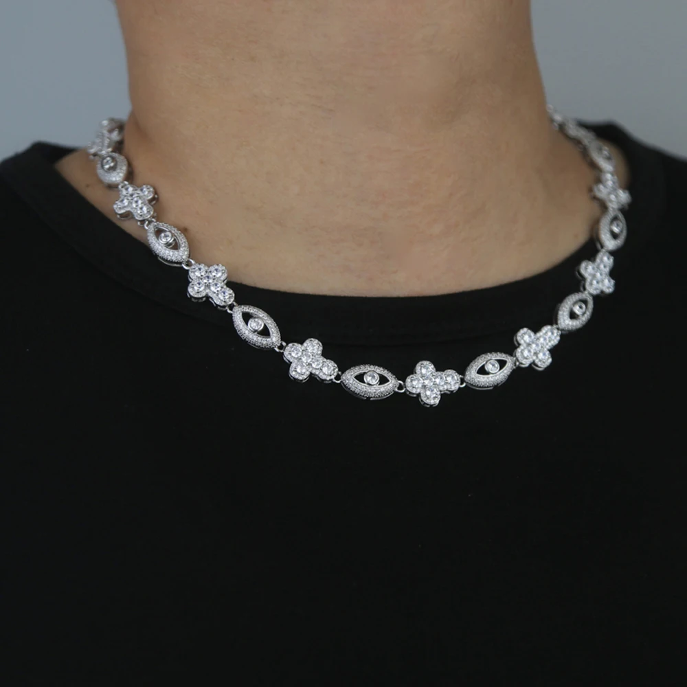 2025, neue Augen-Kreuz-Halskette, Iced Out, Bling, Silberfarbe, Zirkonia, Charm, Tenniskette für Männer und Frauen, Hip-Hop-Schmuck – Detail 8