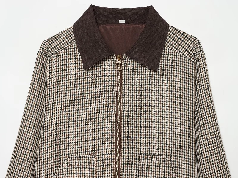 MUJER Karierte Freizeitjacke Damenmantel Herbst Reißverschluss Damen Sportjacke Langarm Kurze Jacken für Damen Neu in Jacken – Detail 4