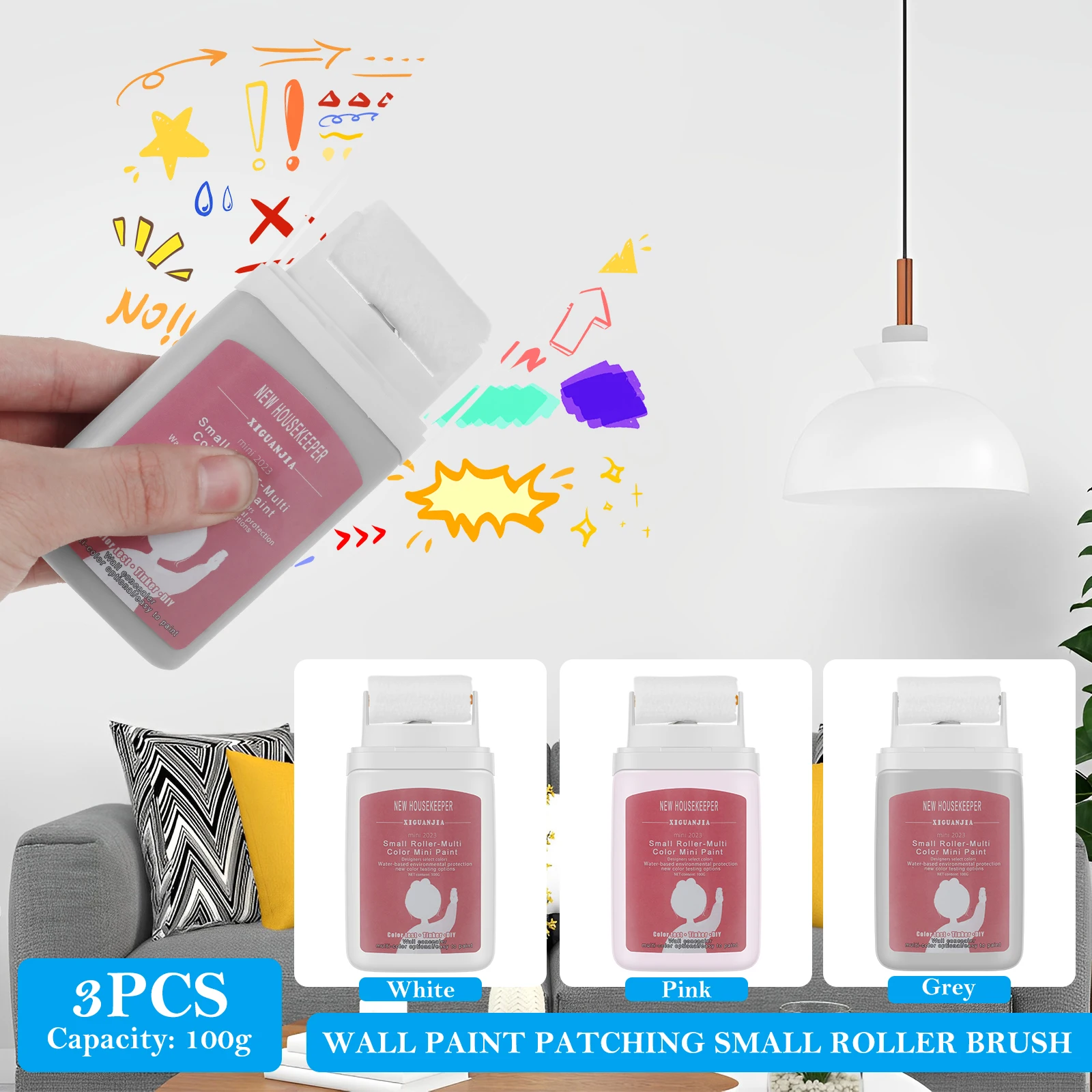 Rouleau de pâte de réparation murale, petit rouleau, brosse de patch mural, 3 papiers de verre, 1 grattoir pour la réparation de bricolage, peinture au latex, 3 pièces