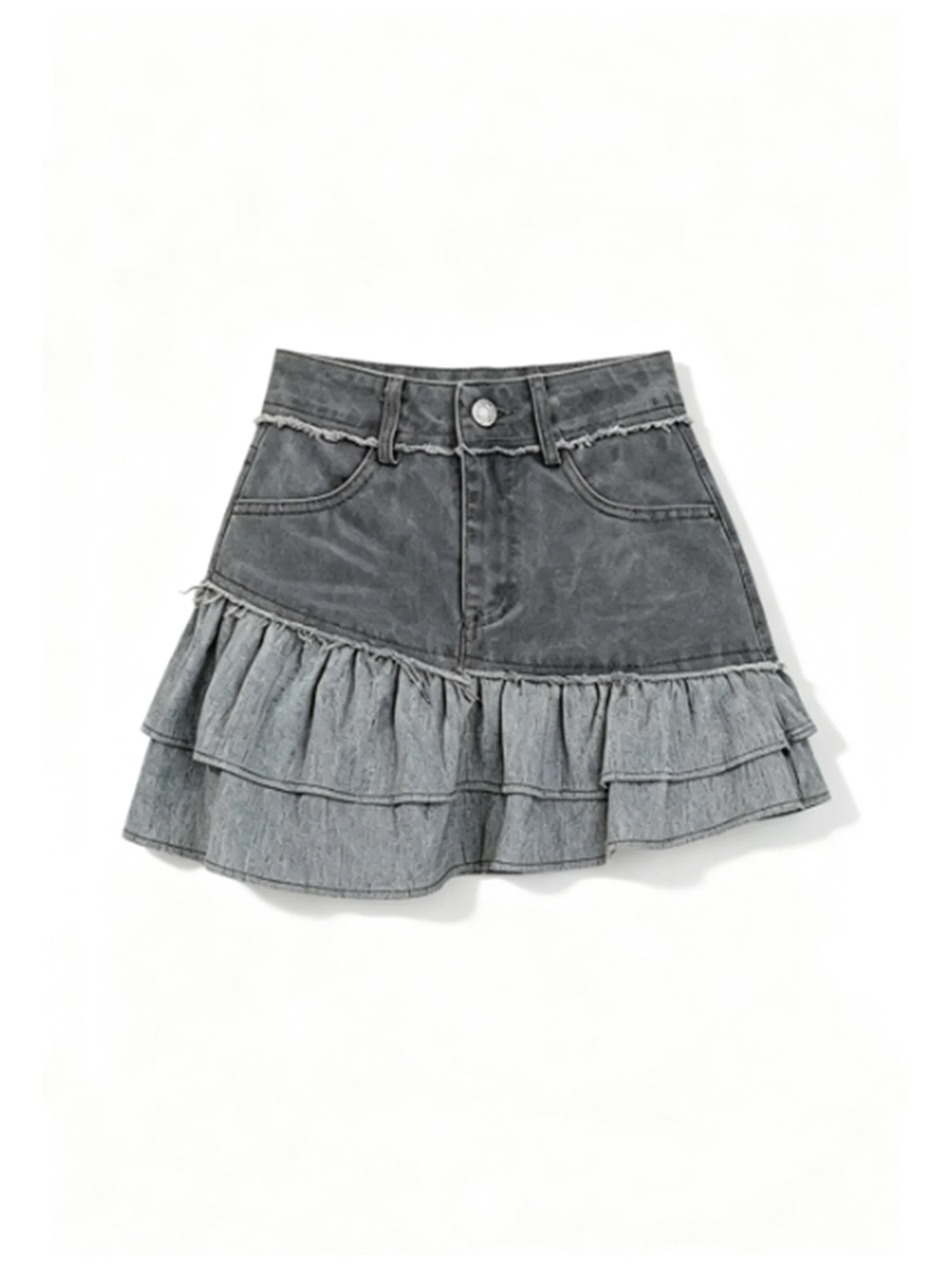 Women Khaki Denim Mini Skirt Y2K Gyaru Vintage Skirt High Waist Irregular Patchwork Ruffle A-line Cowboy Skirt for Women Summer
