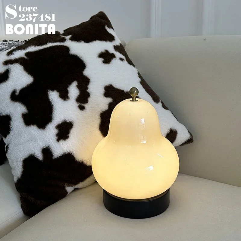 French Cream Glass Pear Table Lamp USB Charging Outdoor Portable Desktop Light Touch Dimming Bedroom Small Table Light