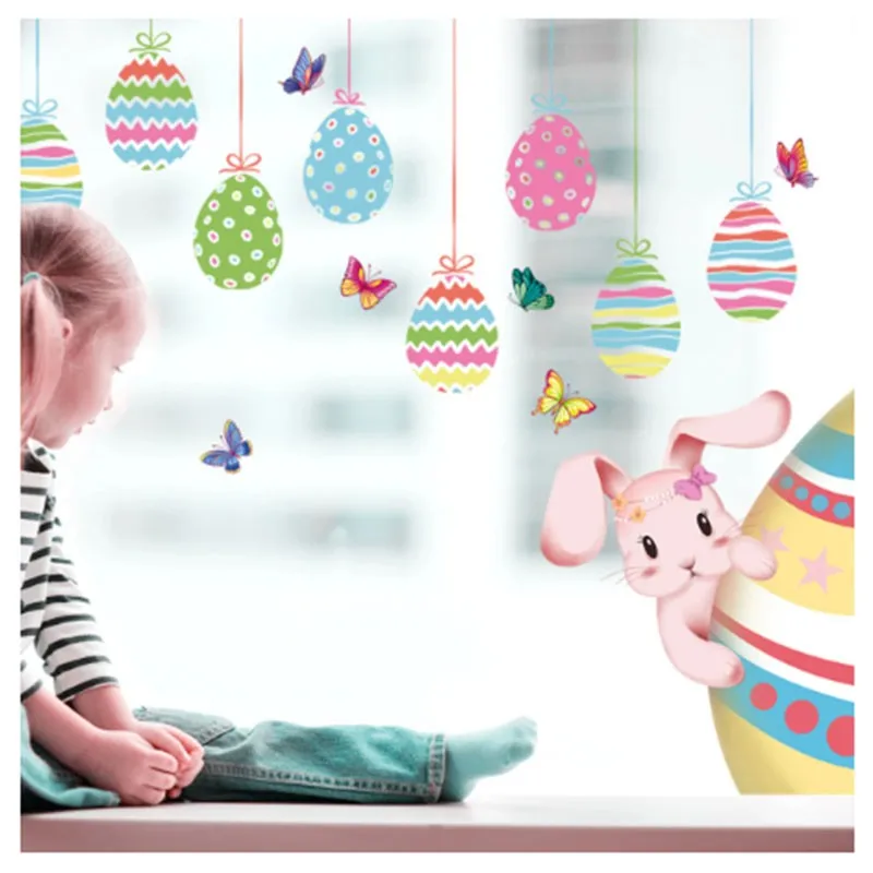 

2pcs Easter Egg Bunny Window Glass Cartoon Stickers Static Stickers Window Double-sided Visual Decorative Wall Stickers Dj005