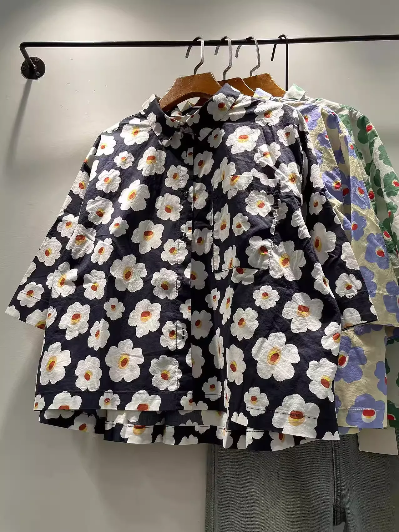 

Bust 118cm Korean popular clothes women green purple blue floral print shirts and blouses large size tops Hawaiian shirt