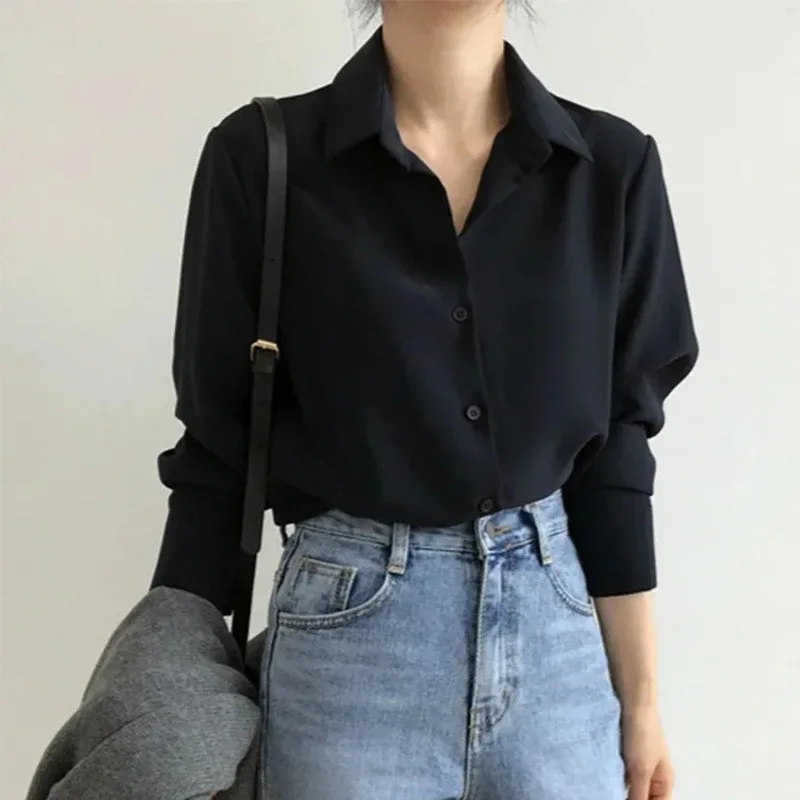 Printemps à manches longues femmes chemise Style coréen col rabattu en mousseline de soie Blouse mode bureau montre de sport Simple ample solide vêtements