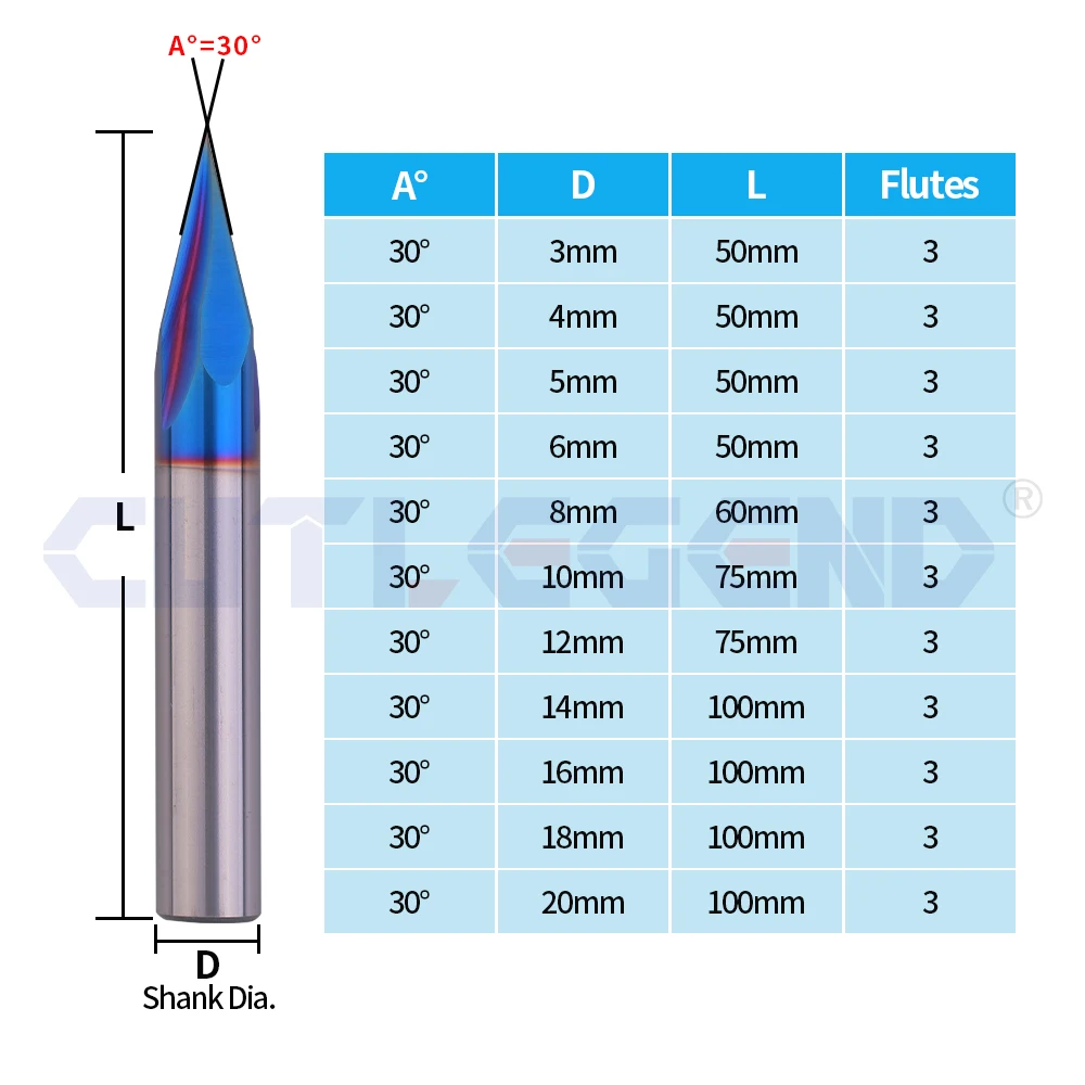 HRC65 Chamfer Milling Cutter Carbide 3-12mm diameter 30 Degree Chamfering Mill Deburring Edges V Grove Router Nano Blue Coating