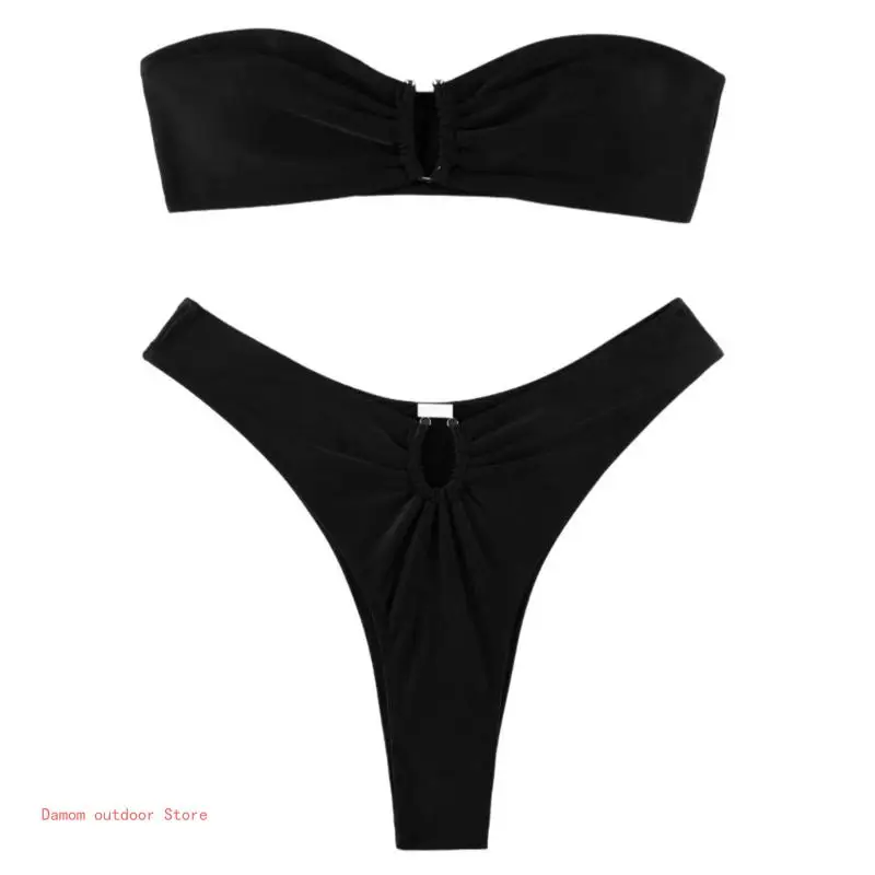 

Women Solid 2Pcs Swimsuit Set Ruched Buckle Padded Top Strapless Bathing Suit