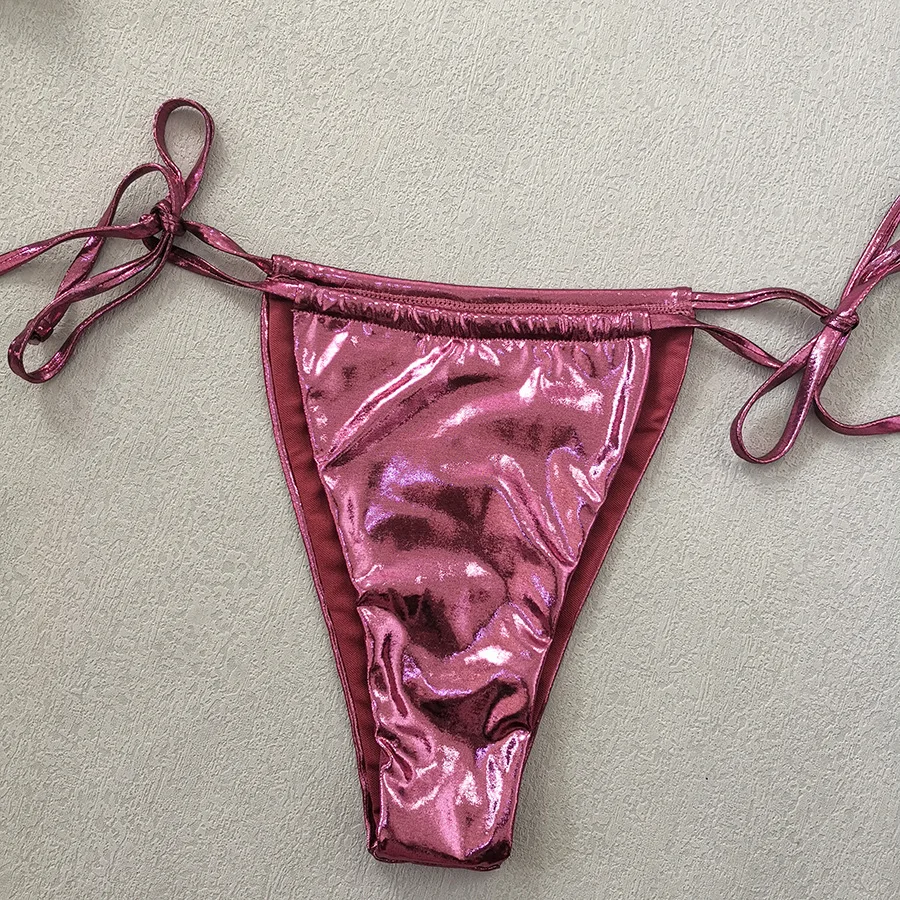 Conjunto de biquíni metálico brilhante de 3 peças feminino com cobertura sexy micro tanga maiô feminino cordão halter roupa de banho beachwear