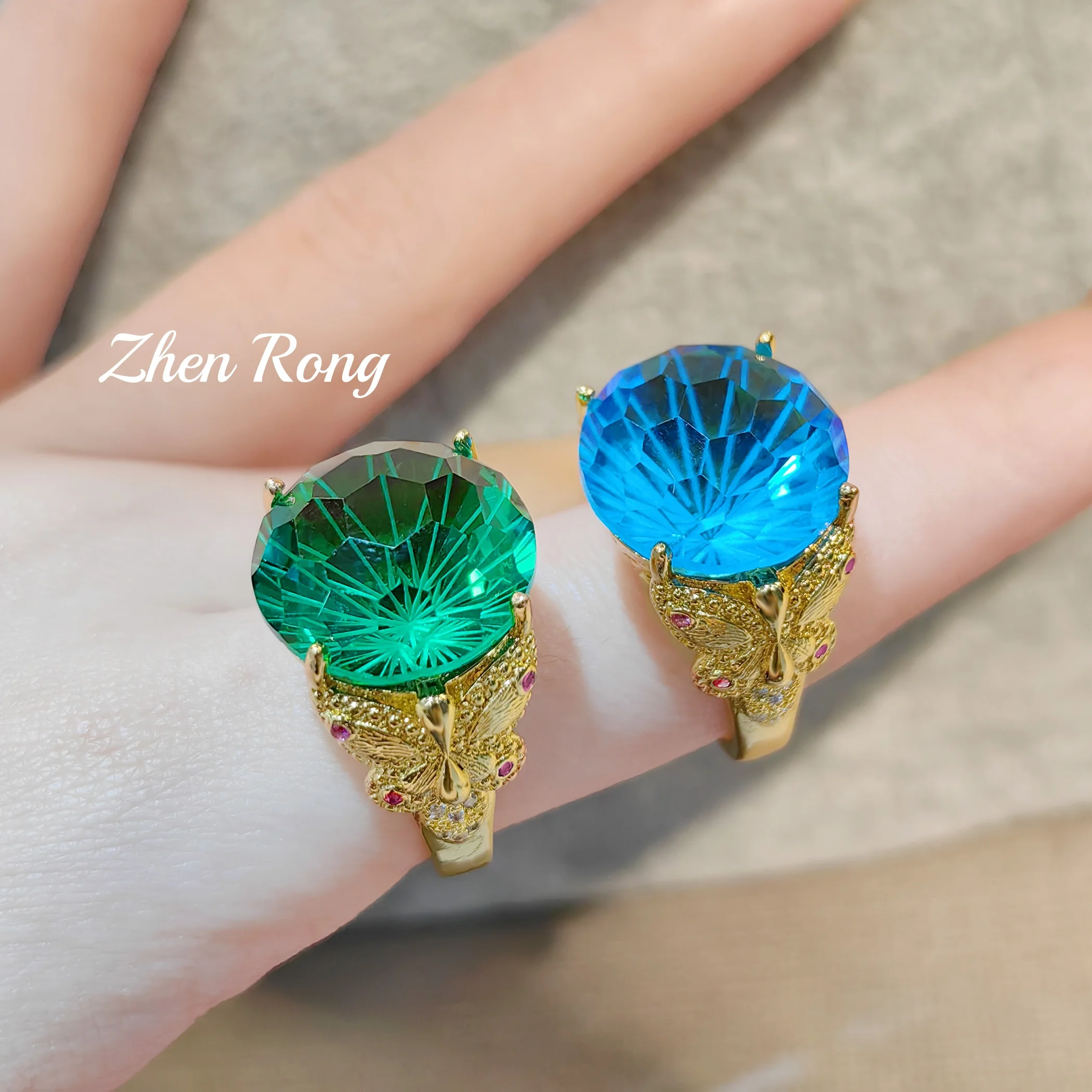 

Italian woven gold carving craft bow fireworks cutting emerald green ring navy blue ring for ladies