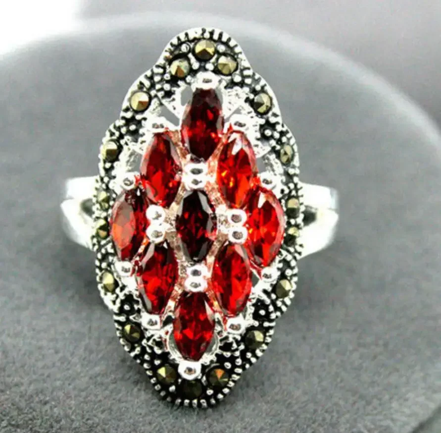 

Pretty Art 12X24mm 925 Sterling Silver Red Gem Marcasite Ring Size 7/8/9/10