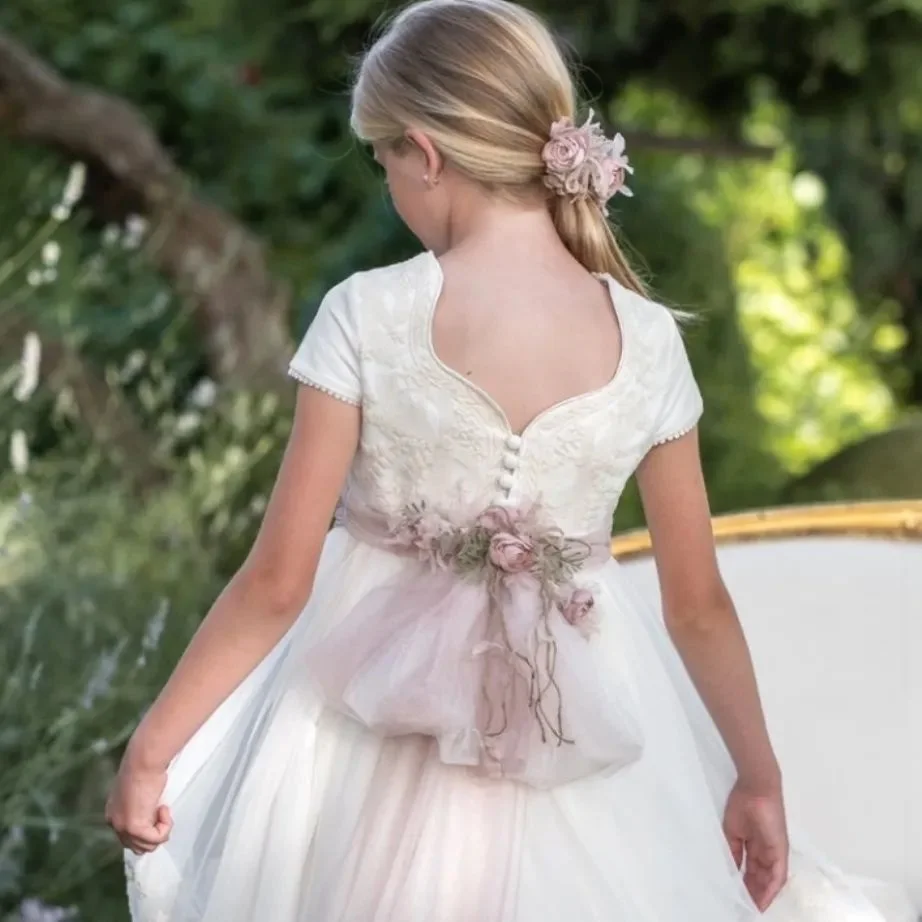 FATAPAESE – robe de Communion pour filles, tenue princesse Vintage en dentelle, avec ruban Floral, ceinture, mini demoiselle d'honneur, robe de cérémonie de mariage, ligne A