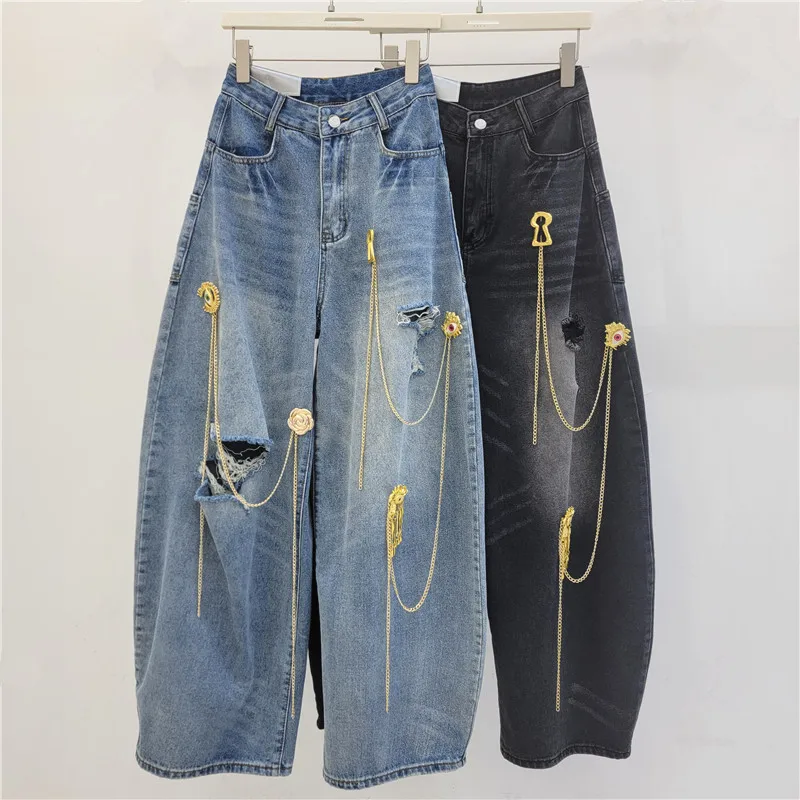 

American Retro Chain-embellished Wide-leg Scimitar Jeans for Women, 2026 New Loose Sickle Banana Distressed Pants