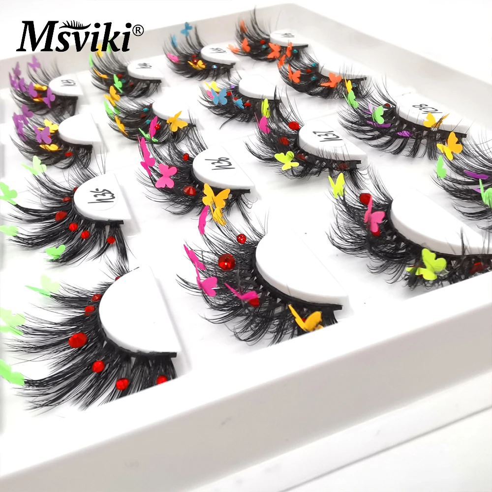 Flauschigen Natürliche 3D 5D Faux Nerz Wimpern Groß Großhandel Glitter Schmetterling Gefälschte Wimpern Box Paket Farbigen Wimpern Make-Up Liefert – Detail 7