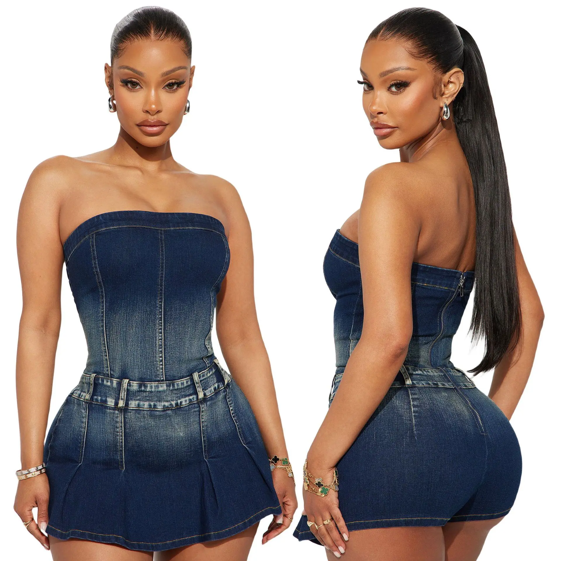 

plus Size Denim Women's Jumpsuit High Elastici Waist Cinched One oulder Bridesmaid Dr Cotton Fabric Summer Thin Model
