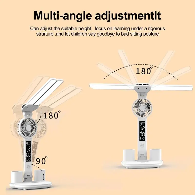 Dual Swing Arm Desk Light Double-Head LED Desk Light Foldable Desk Lamps With Thermometer Calendar Fan Pen Holder For Students