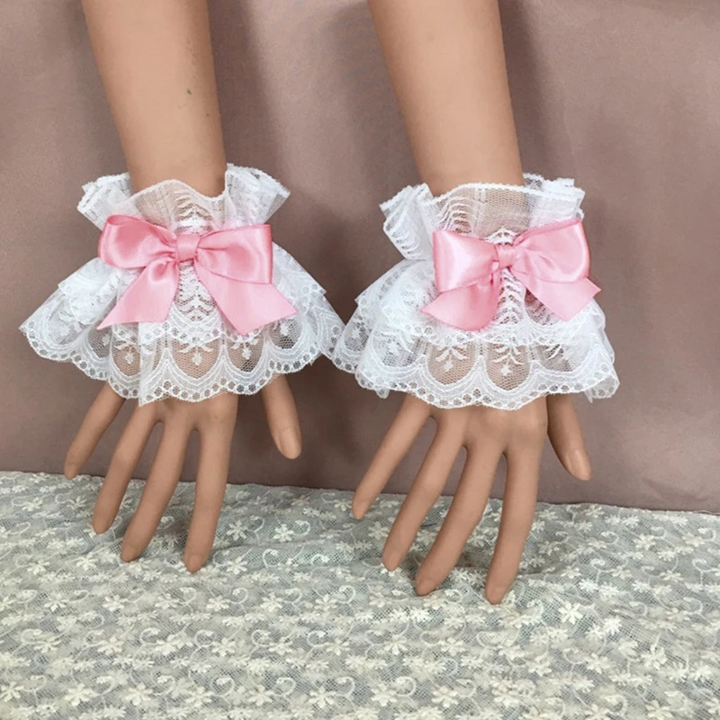 652F Japanese Lolita Hand Sleeve Wrist Cuffs Sweet Ruffled Lace Multicolor Bowknot Maid Cosplay Bracelet for Wedding Party