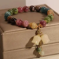 Bohemian Multicolor Gemstone Bracelet, Beaded Tassel Pendant Hand Chain with Golden Spacers, Elegant Colorful Jewelry Gift for Women, Daily Party Wear - Image 4