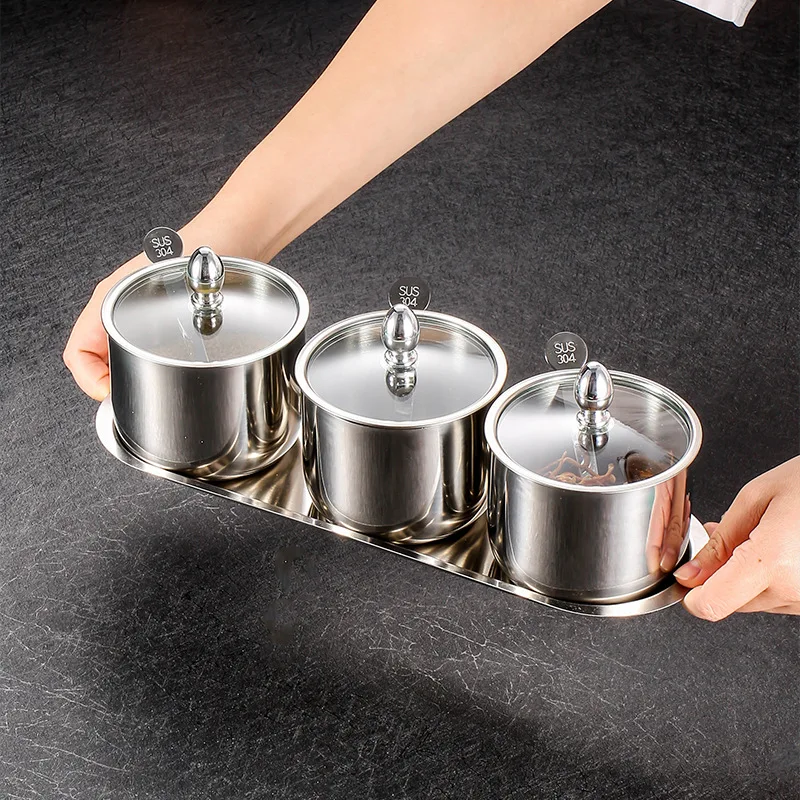 

304 Stainless Steel Spice Jar with Glass Lid Salt Shakers Set Seasoning Sugar Pepper Bottles Tank Household Shaker Box