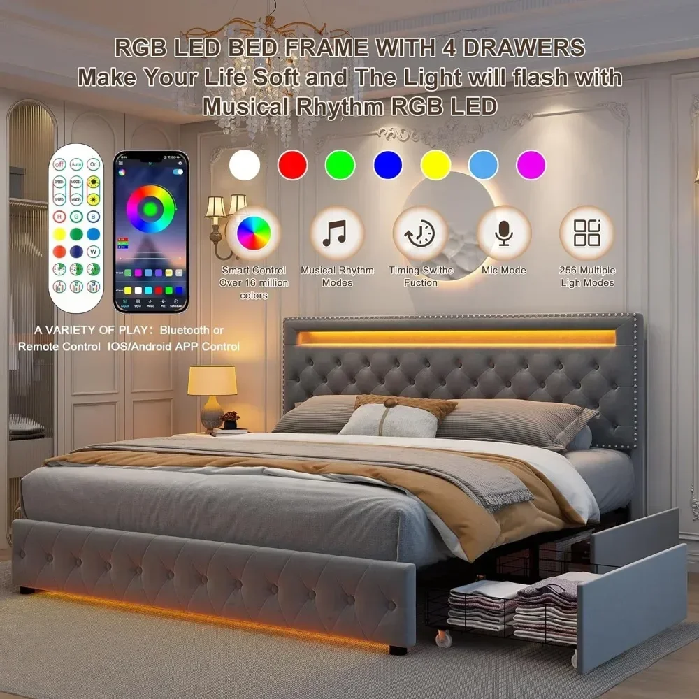 LED Queen size Bed Frame with 4 Storage Drawers, Headboard Footboard, Control DIY Color, Box Spring Optional, Bed Frame
