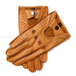 Men Sheepskin Gloves Real Leather Breathable Holes Faux Deerskin Full Finger Driving Gloves Male Spring Autumn ST17
