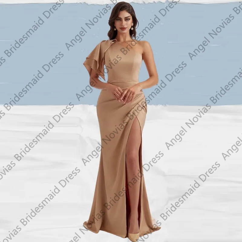 

Длинные платья подружки невесты цвета шампанского с разрезом на одно плечо, свадебные платья по индивидуальному заказу, Vestidos De Fiesta Elegantes