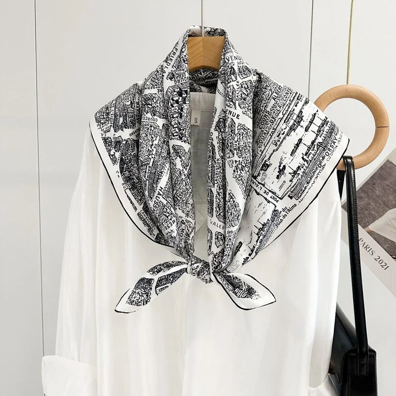 90 Silk Scarf 100% Twill Silk Scarves Wraps Black White Prints Fashion Silk Shawl Cape for Women